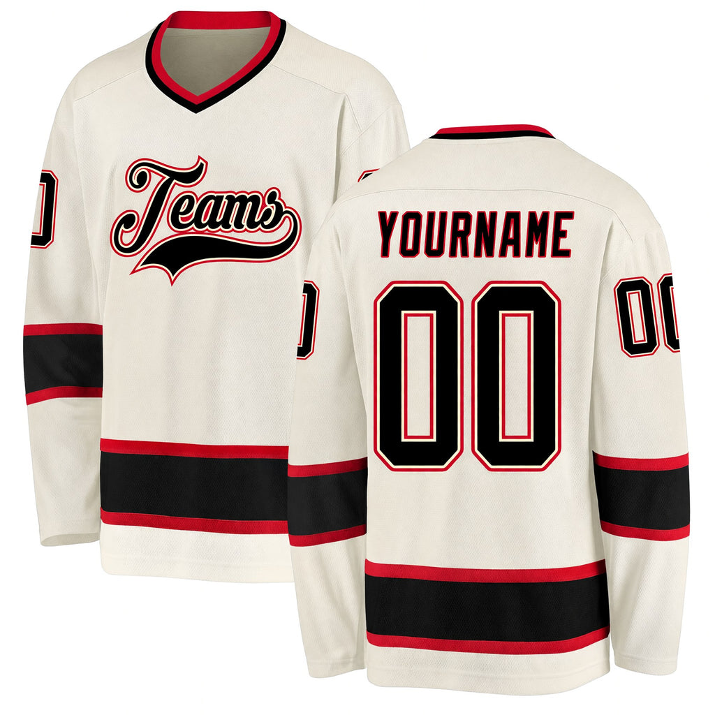 Custom Cream Black-Red Hockey Jersey