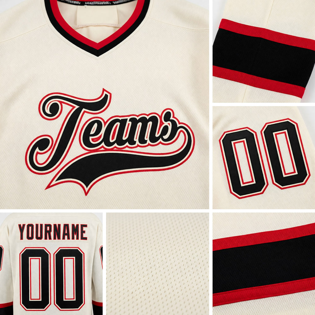 Custom Cream Black-Red Hockey Jersey detail