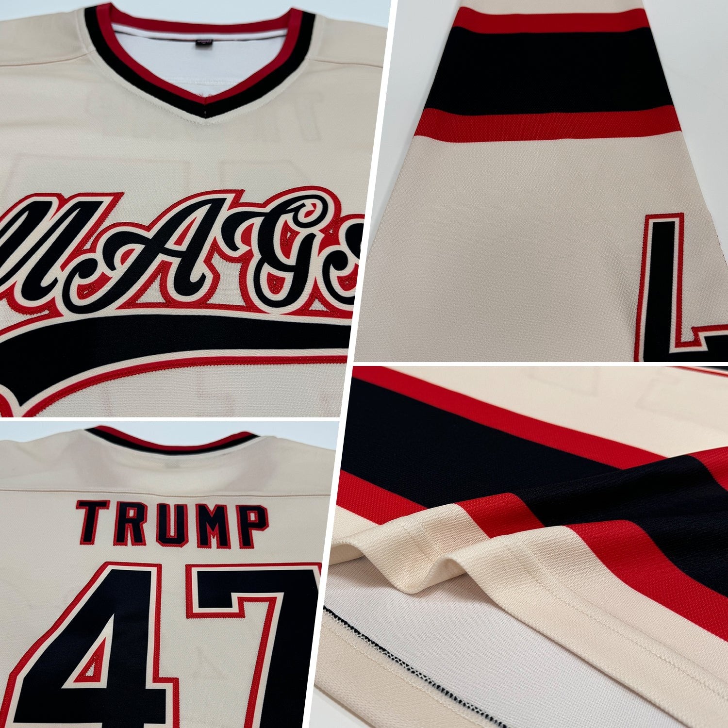 Custom Cream Black-Red Hockey Jersey photo 2