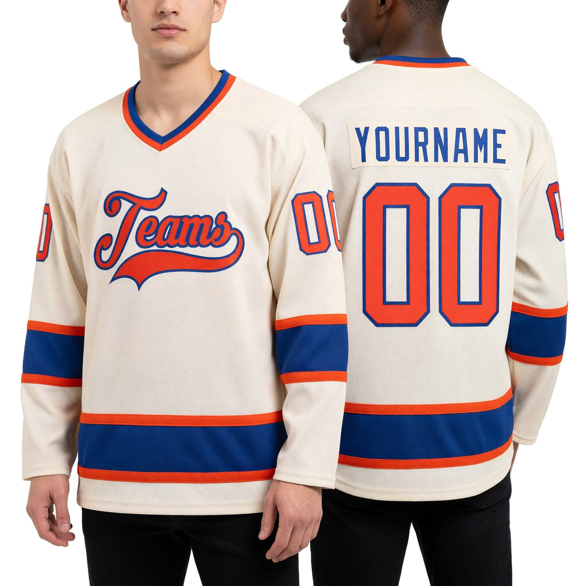 Custom Cream Orange-Royal Hockey Jersey worn front and back