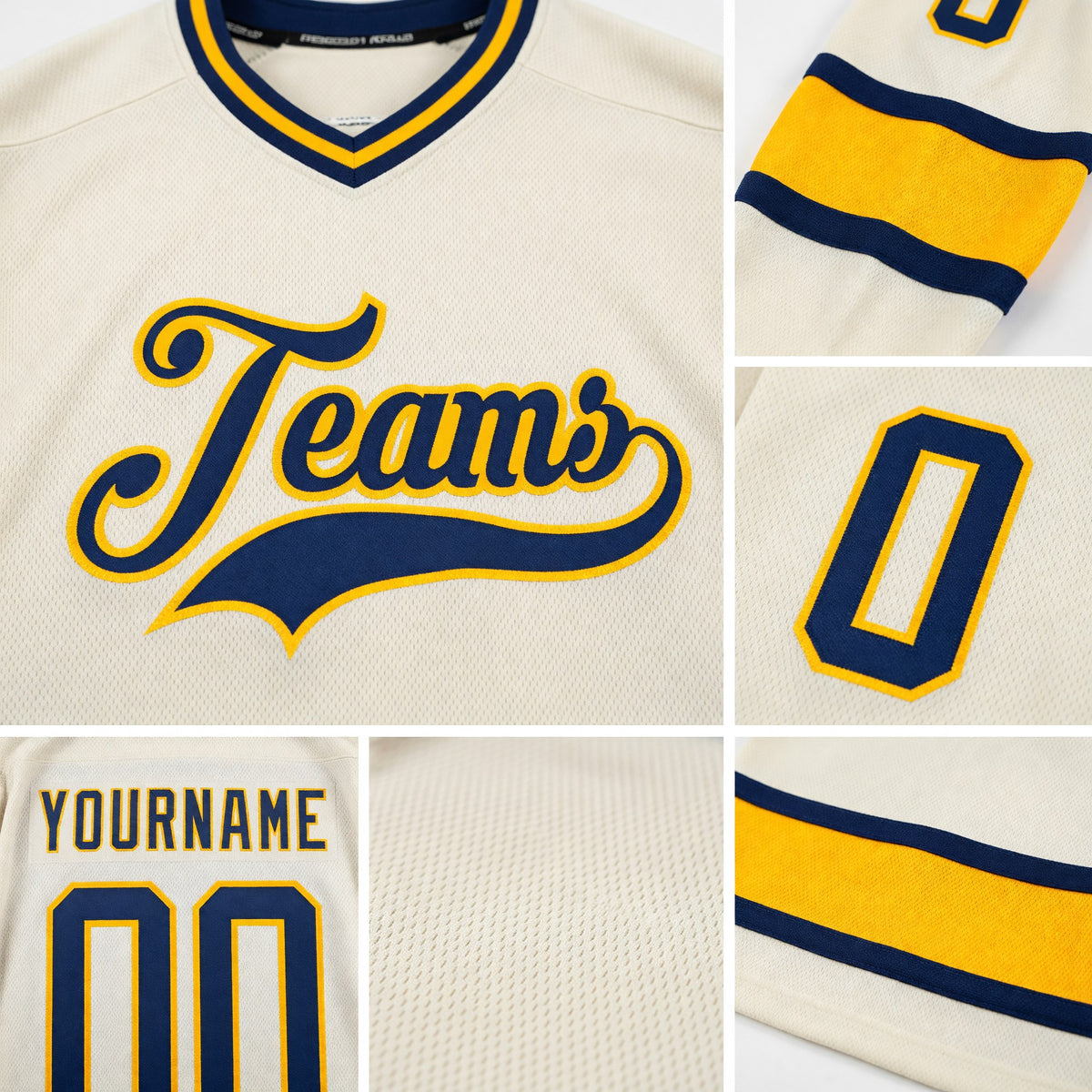 Custom Cream Navy-Gold Hockey Jersey detail