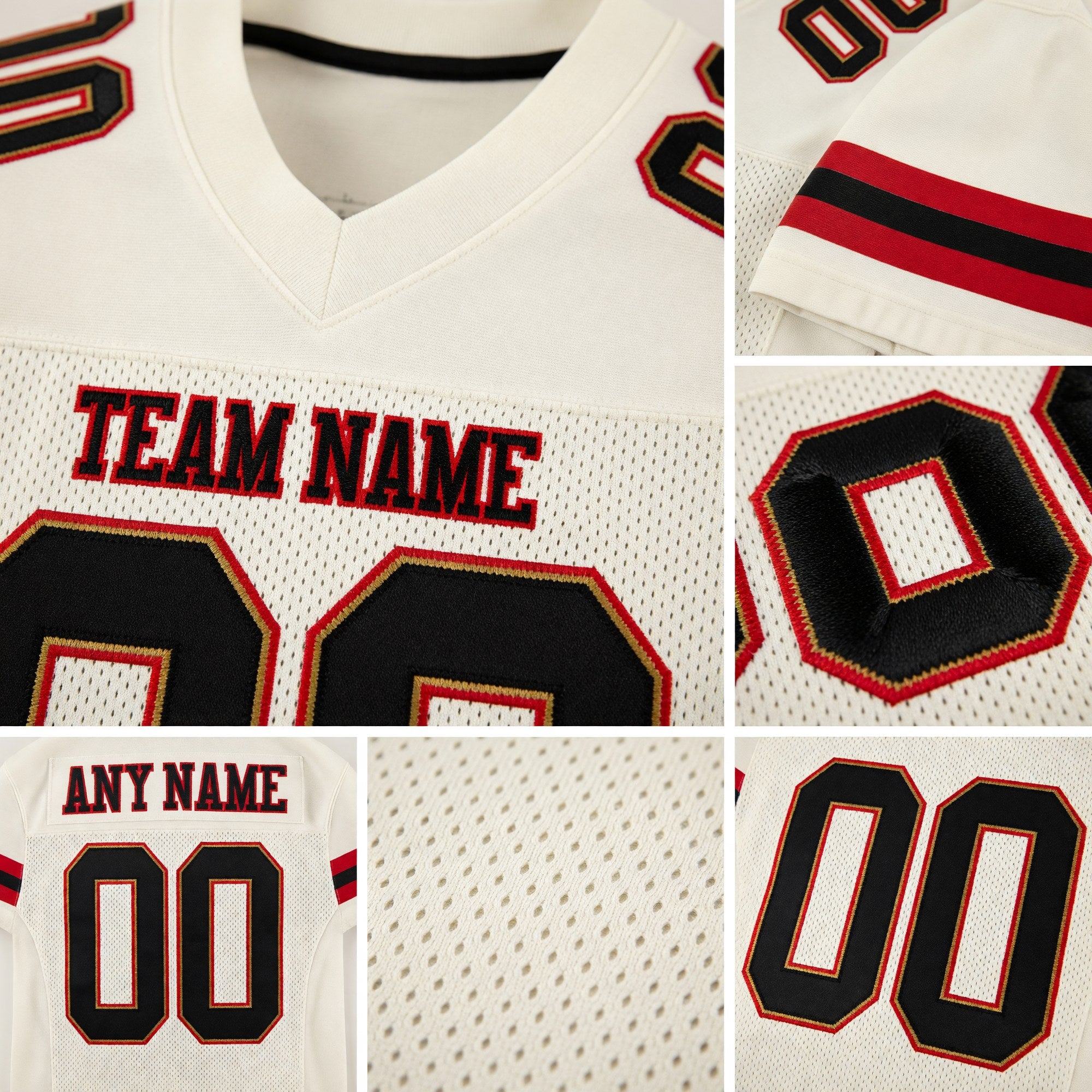 Custom Cream Black-Red Mesh Authentic Football Jersey detail