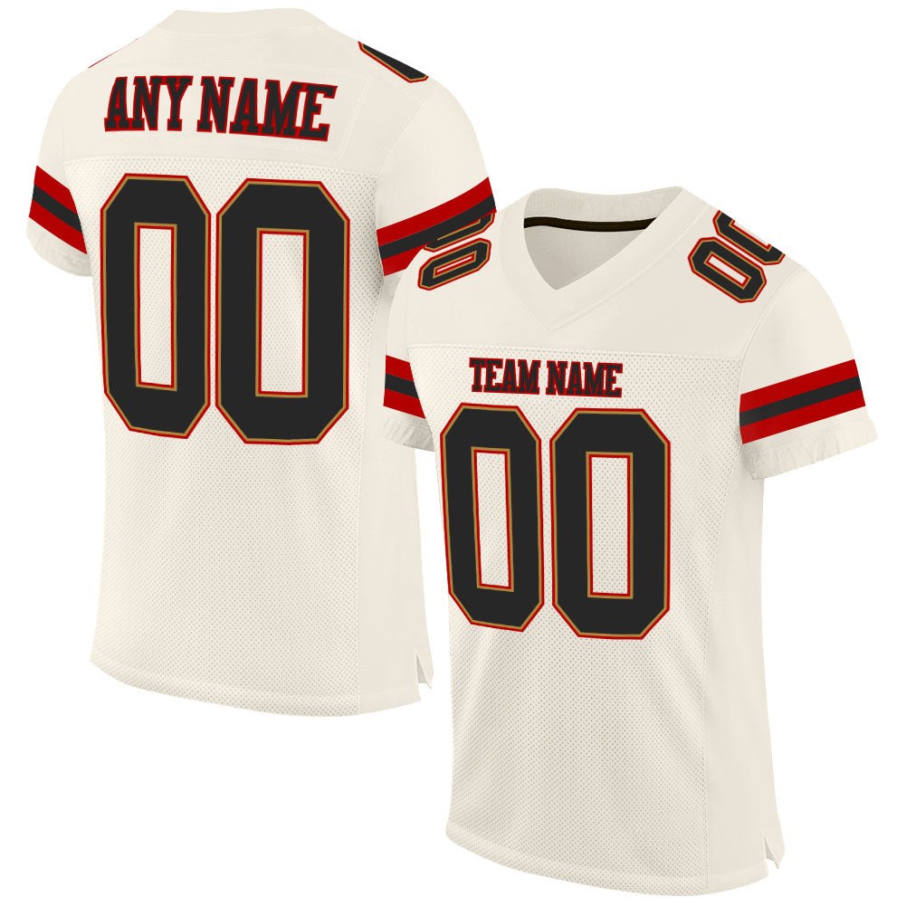 Custom Cream Black-Red Mesh Authentic Football Jersey photo 1