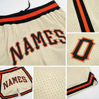 Custom Cream Black-Orange Authentic Throwback Basketball Shorts detail