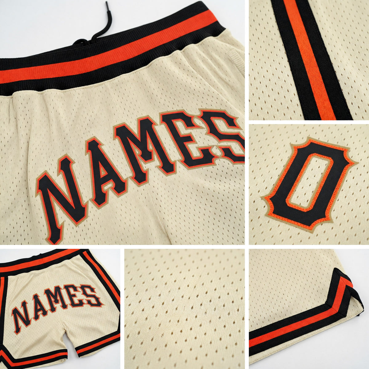 Custom Cream Black-Orange Authentic Throwback Basketball Shorts detail