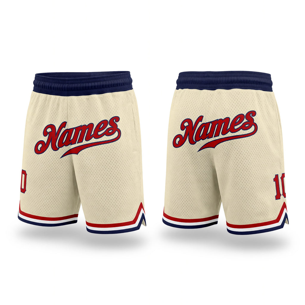 Custom Cream Red-Navy Authentic Throwback Basketball Shorts