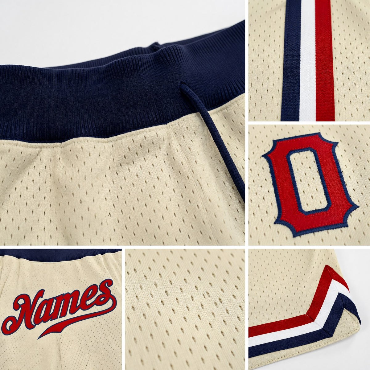 Custom Cream Red-Navy Authentic Throwback Basketball Shorts detail