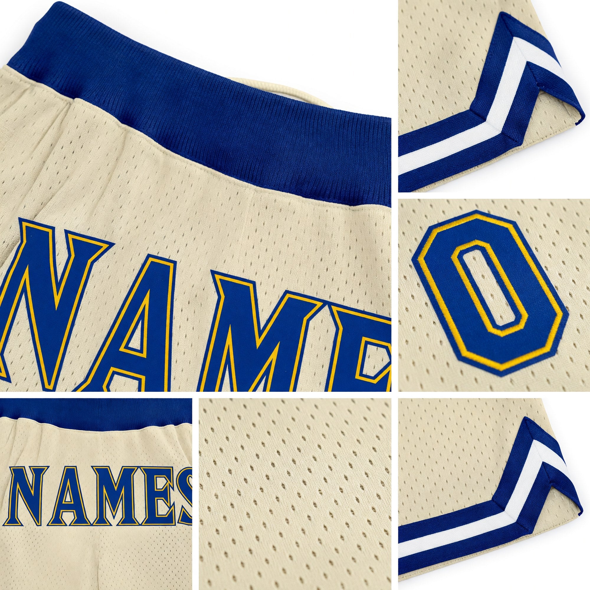 Custom Cream Royal-Gold Authentic Throwback Basketball Shorts detail