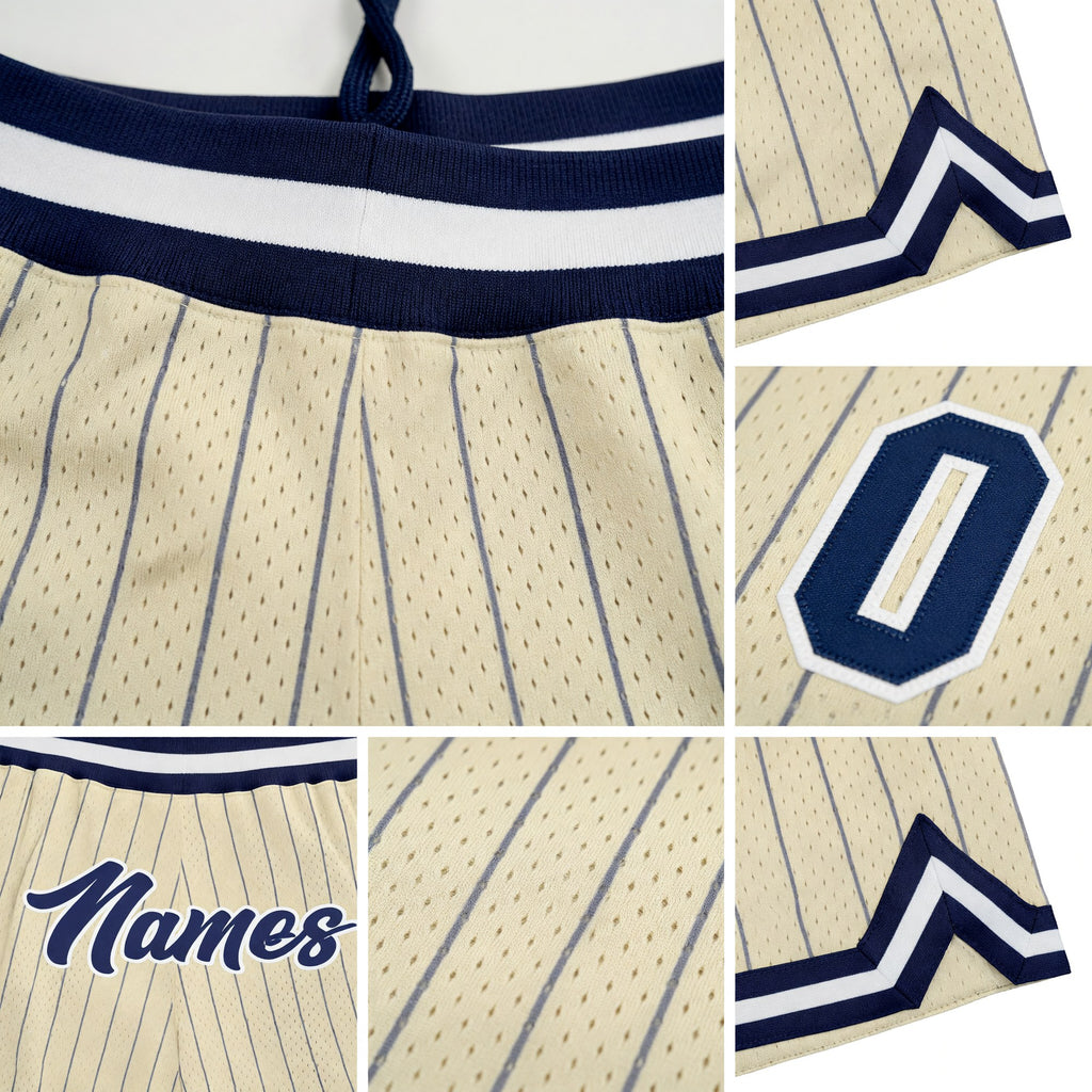 Custom Cream Navy Pinstripe Navy-White Authentic Basketball Shorts detail