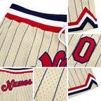 Custom Cream Navy Pinstripe Red-Navy Authentic Basketball Shorts detail