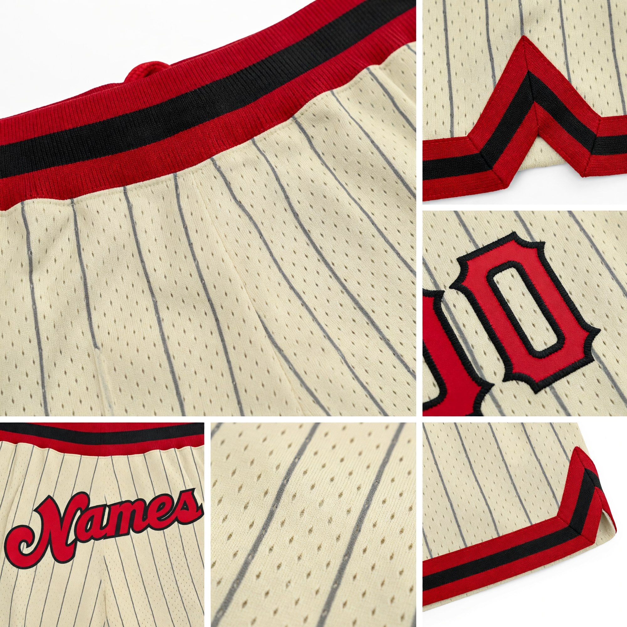 Custom Cream Black Pinstripe Red-Black Authentic Basketball Shorts detail