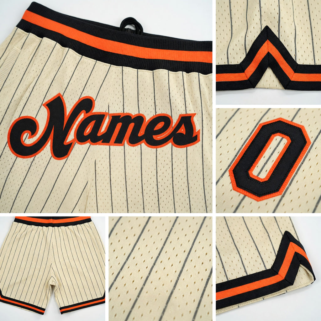 Custom Cream Black Pinstripe Black-Orange Authentic Basketball Shorts detail