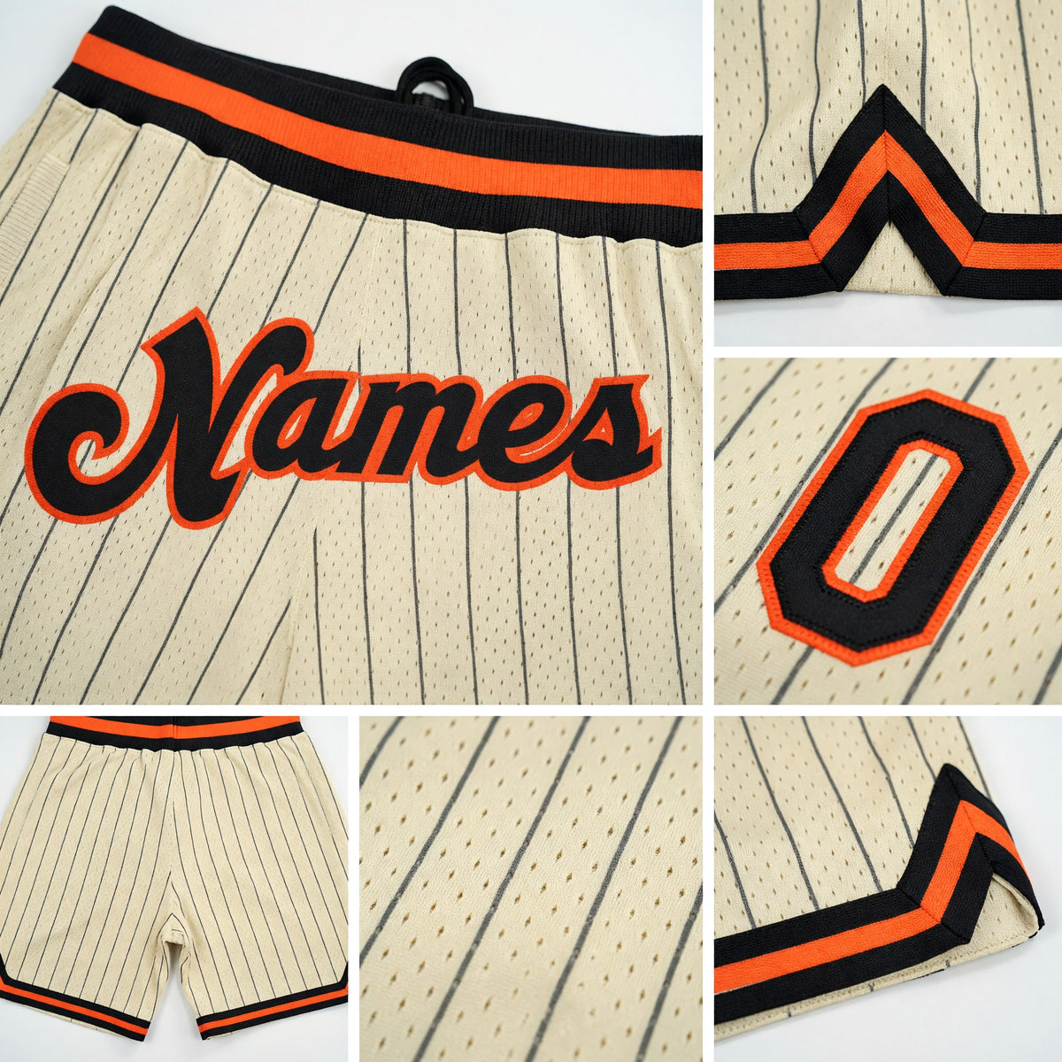 Custom Cream Black Pinstripe Black-Orange Authentic Basketball Shorts detail