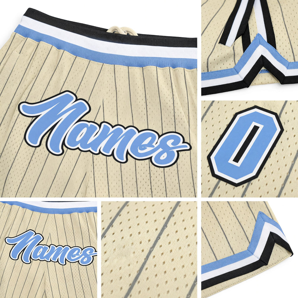 Custom Cream Black Pinstripe Light Blue-White Authentic Basketball Shorts detail