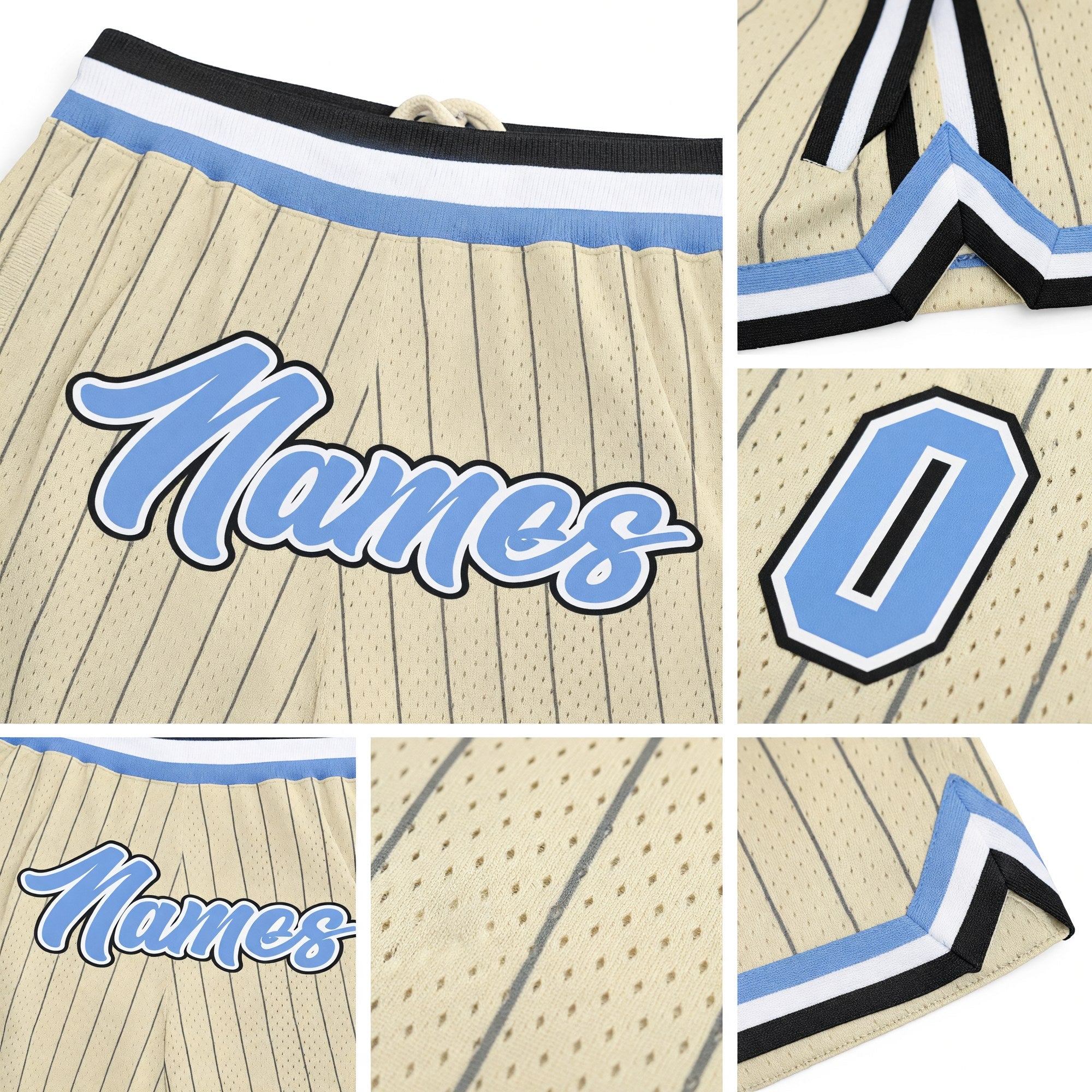 Custom Cream Black Pinstripe Light Blue-White Authentic Basketball Shorts detail