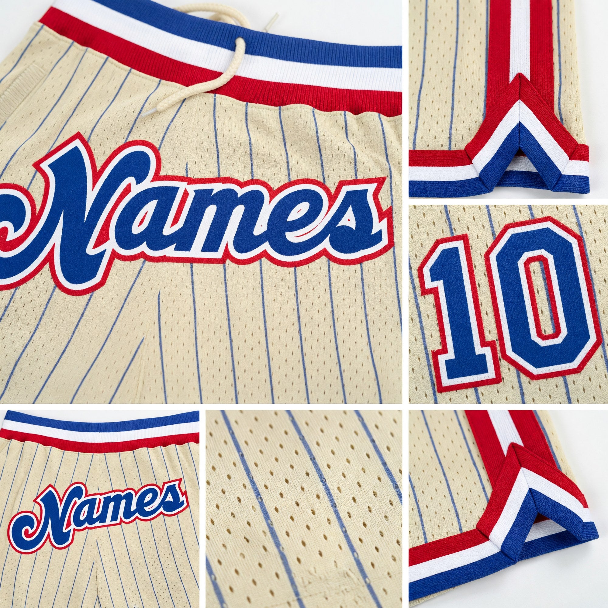 Custom Cream Royal Pinstripe Royal-Red Authentic Basketball Shorts detail
