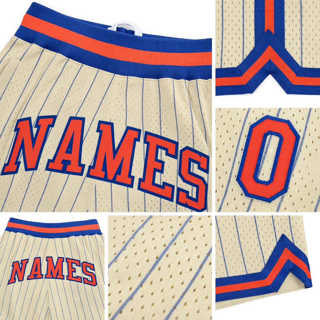 Custom Cream Royal Pinstripe Orange-Royal Authentic Basketball Shorts detail
