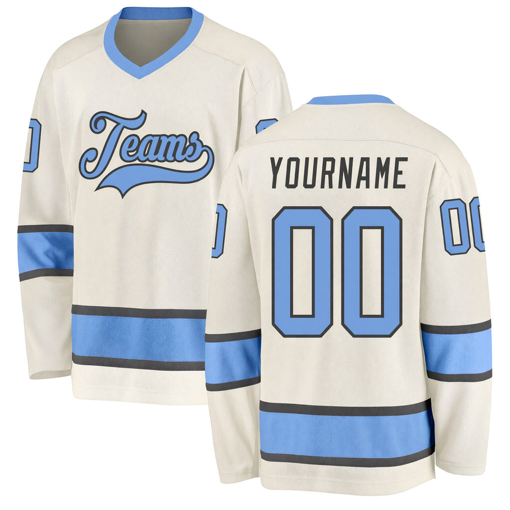 Custom Cream Light Blue-Steel Gray Hockey Jersey