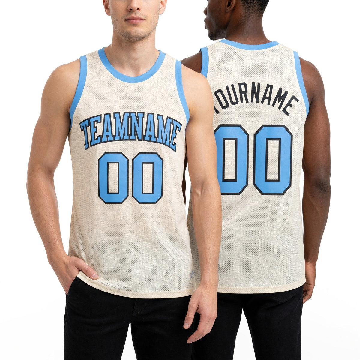 Custom Cream Light Blue-Steel Gray Authentic Throwback Basketball Jersey worn front and back
