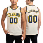 Custom Cream Navy-Gold Authentic Throwback Basketball Jersey worn front and back