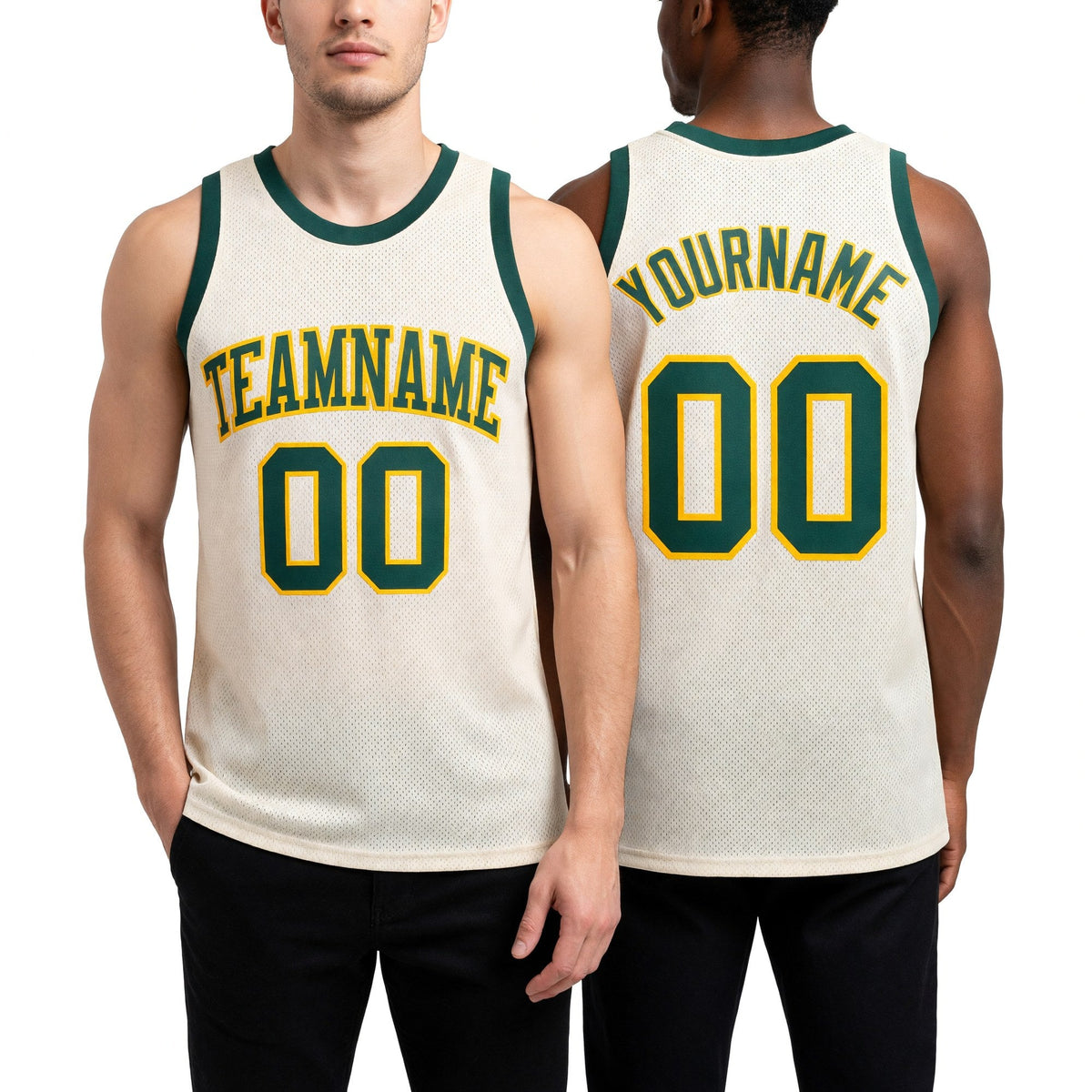 Custom Cream Green-Gold Authentic Throwback Basketball Jersey worn front and back