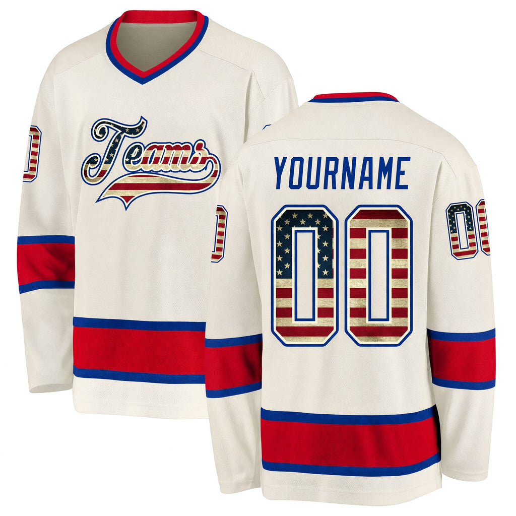 Custom Cream Vintage USA Flag Royal-Red Hockey Jersey