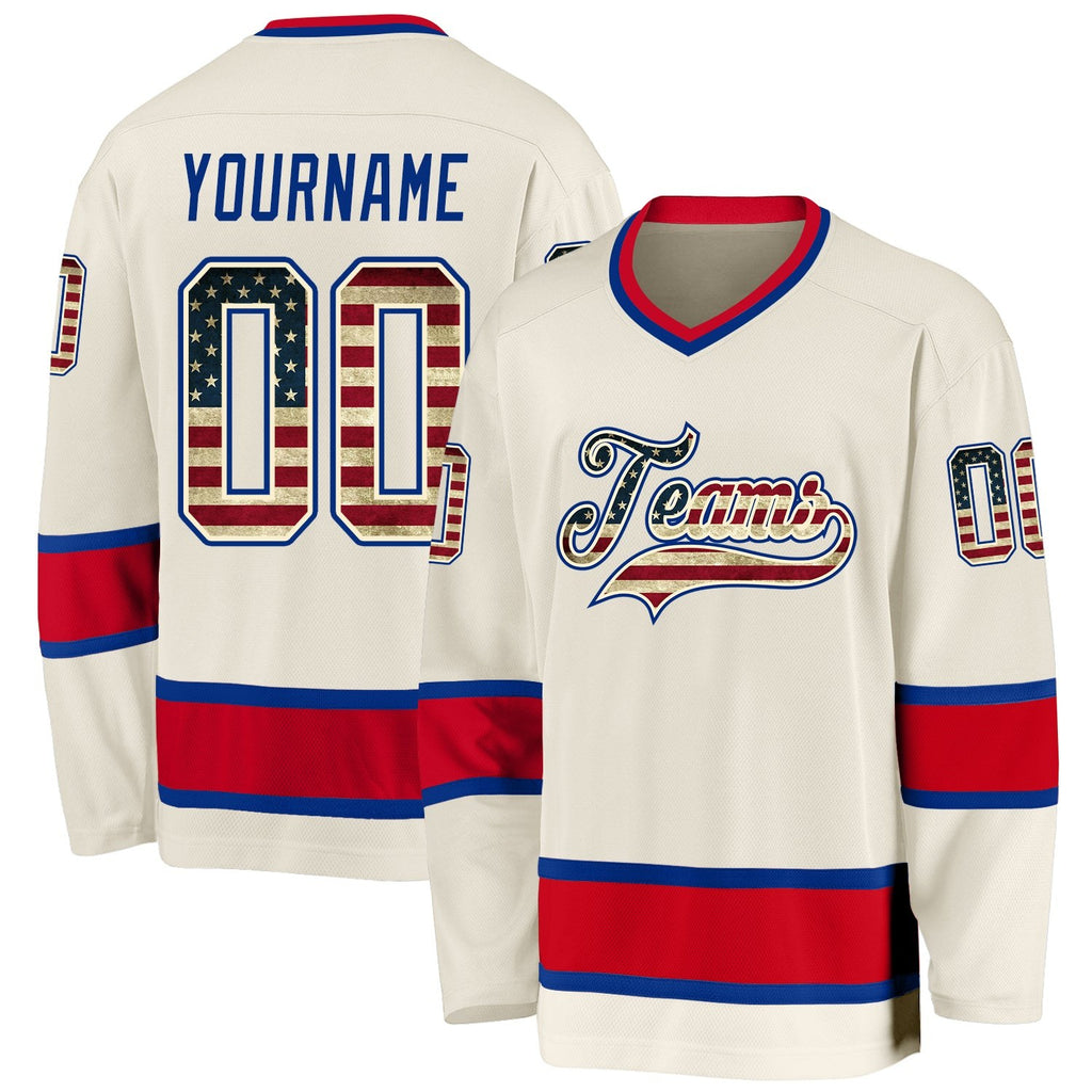 Custom Cream Vintage USA Flag Royal-Red Hockey Jersey photo 1
