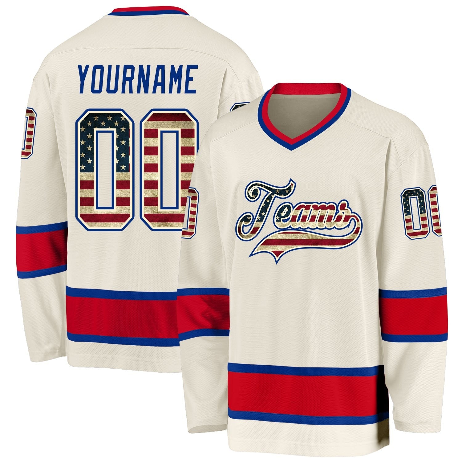 Custom Cream Vintage USA Flag Royal-Red Hockey Jersey photo 1