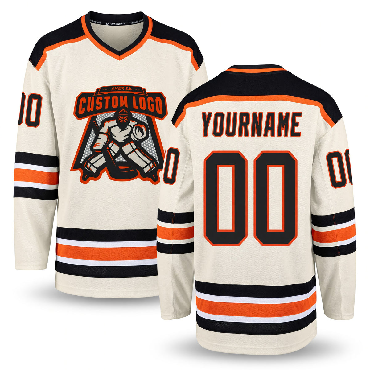 Custom Cream Black-Orange Hockey Jersey