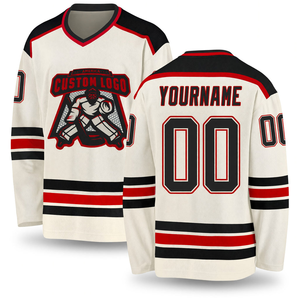 Custom Cream Black-Red Hockey Jersey