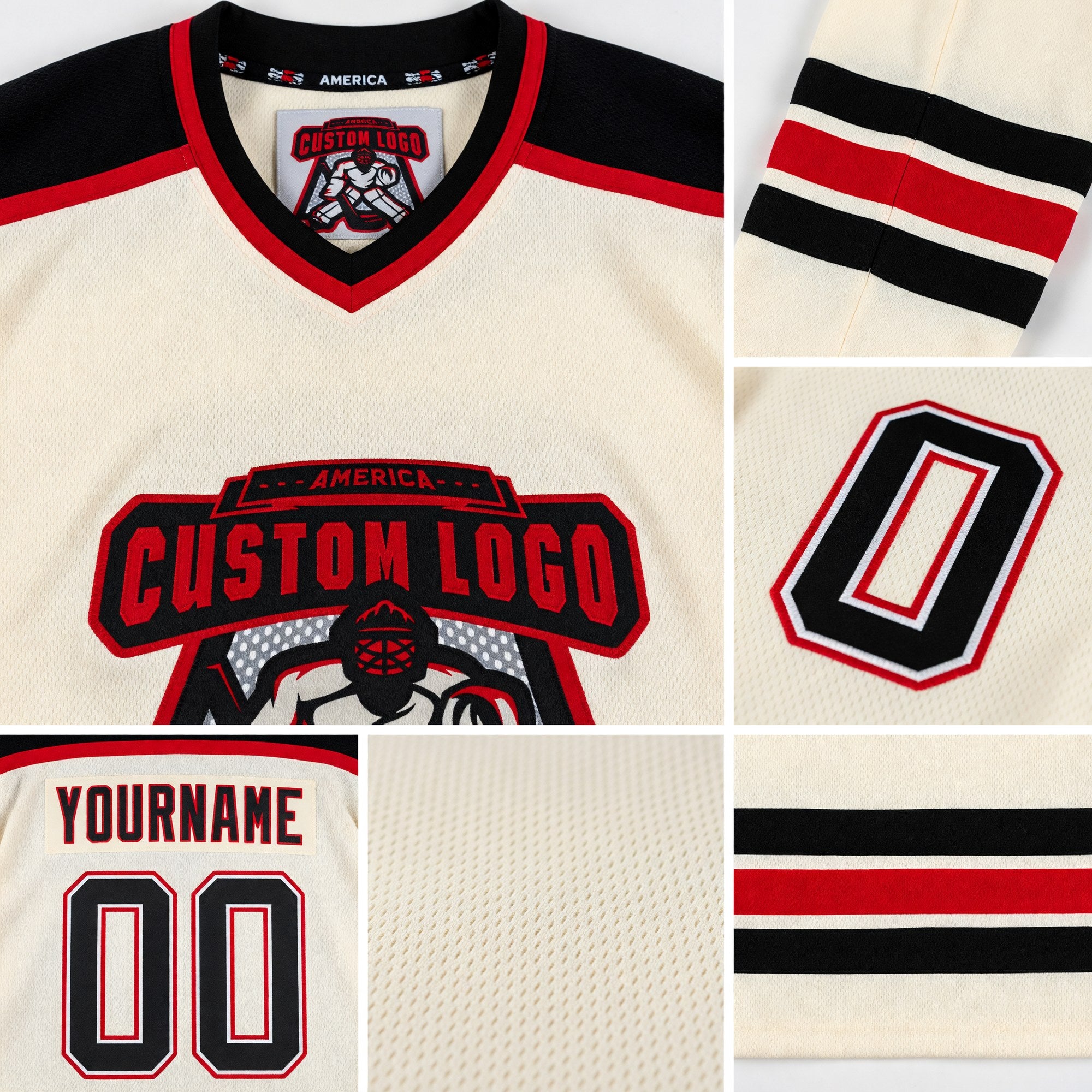 Custom Cream Black-Red Hockey Jersey detail