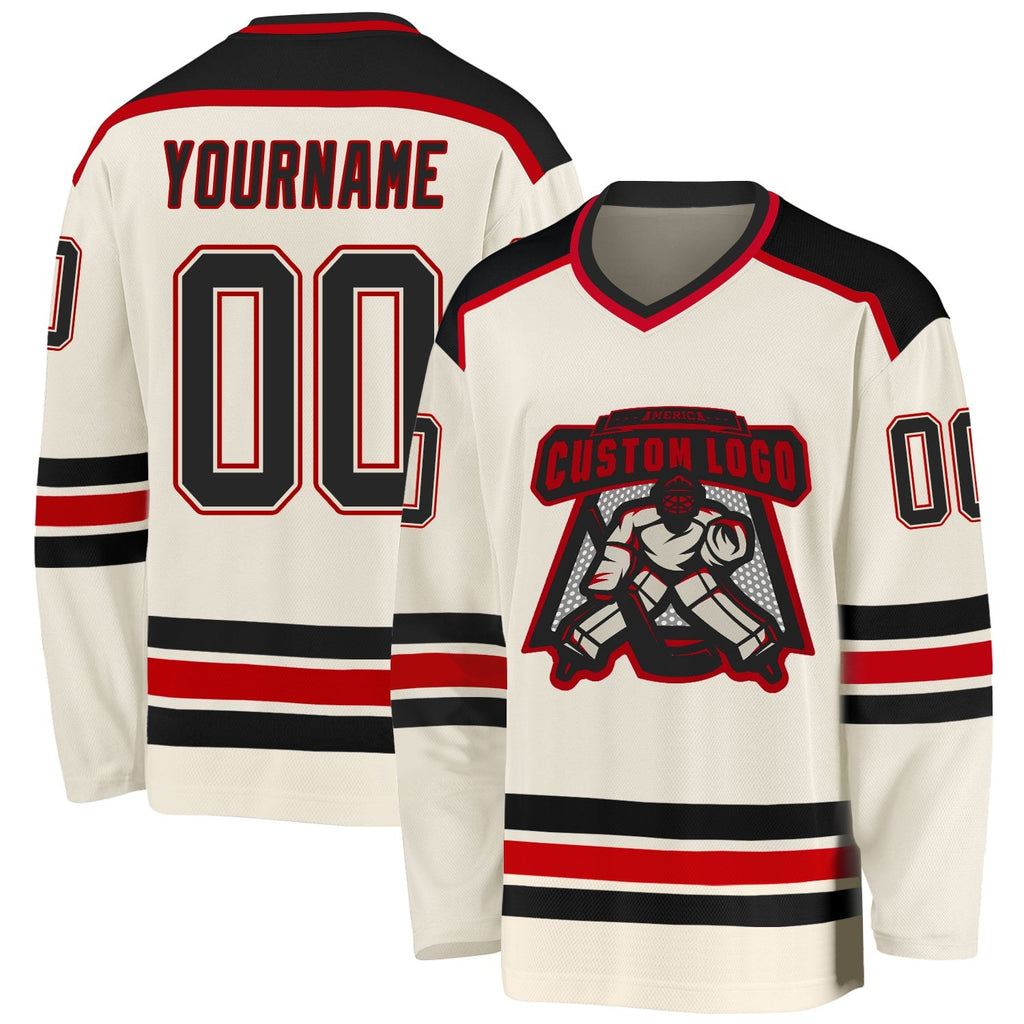 Custom Cream Black-Red Hockey Jersey photo 1