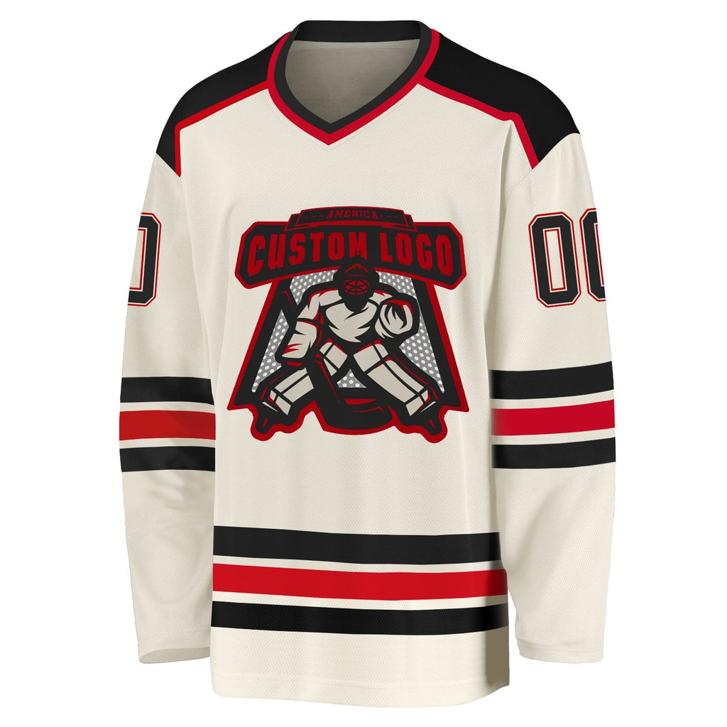 Custom Cream Black-Red Hockey Jersey photo 2