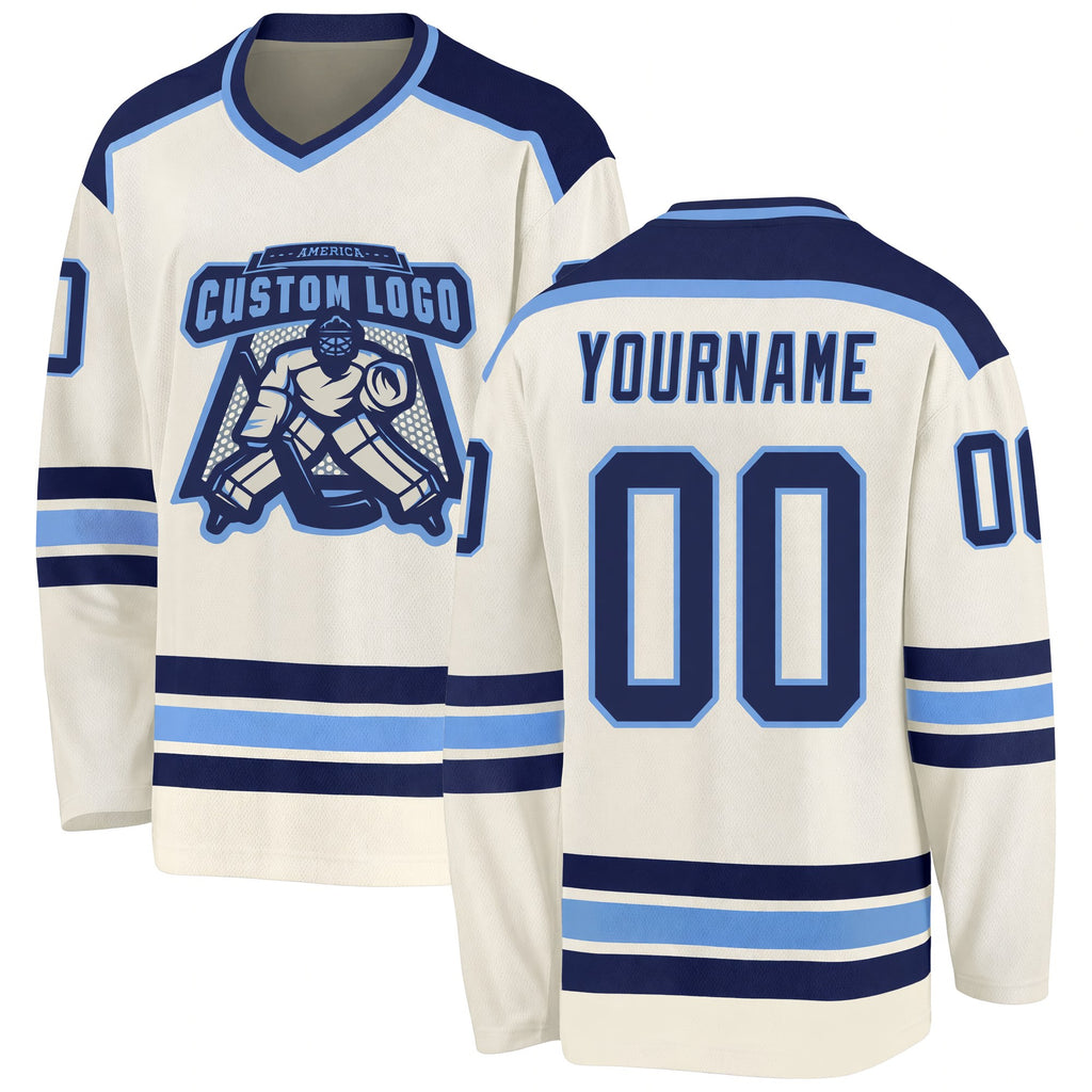 Custom Cream Navy-Light Blue Hockey Jersey