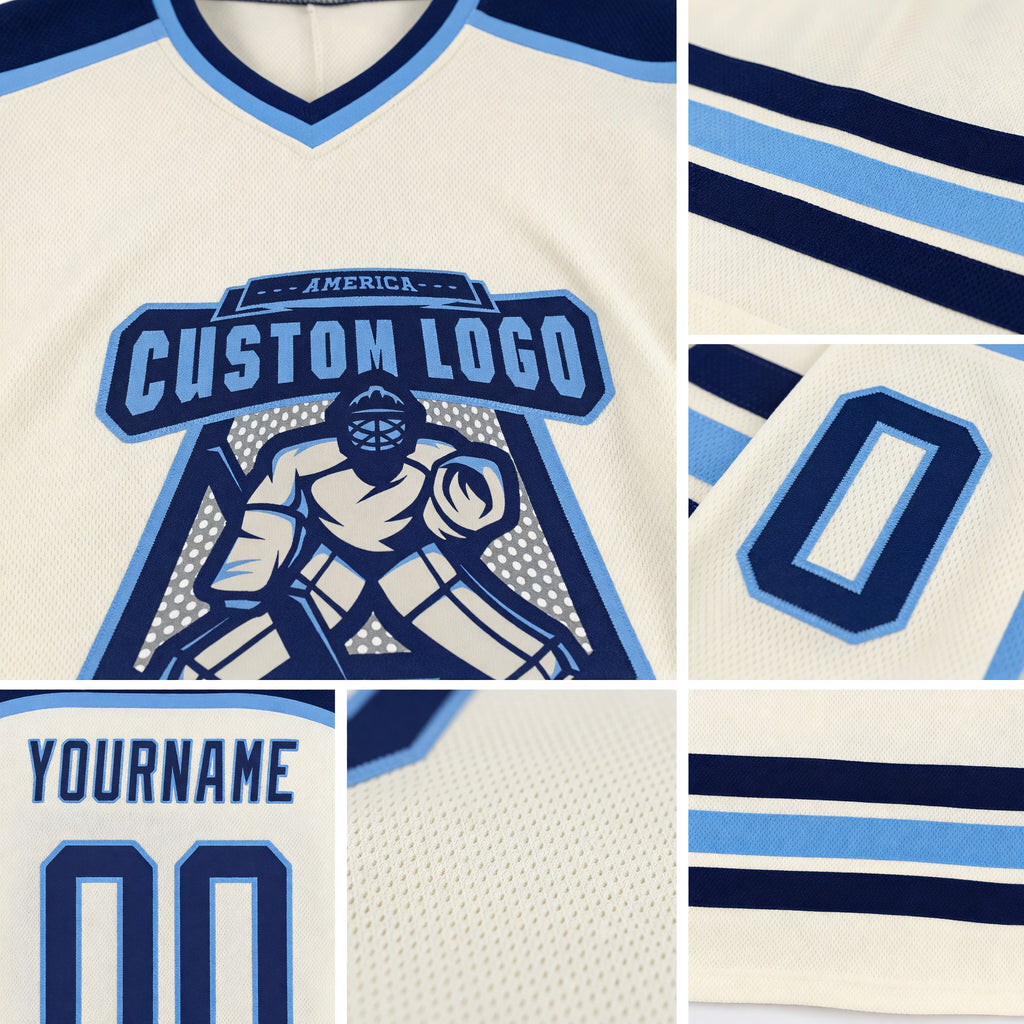 Custom Cream Navy-Light Blue Hockey Jersey detail