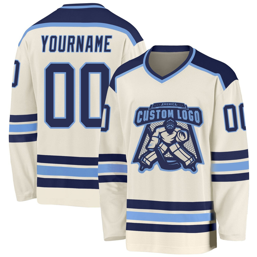 Custom Cream Navy-Light Blue Hockey Jersey photo 1