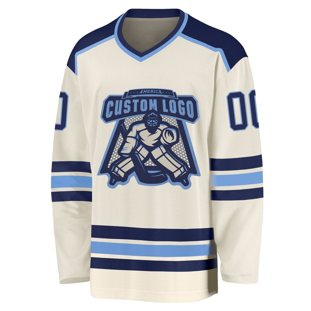 Custom Cream Navy-Light Blue Hockey Jersey photo 2