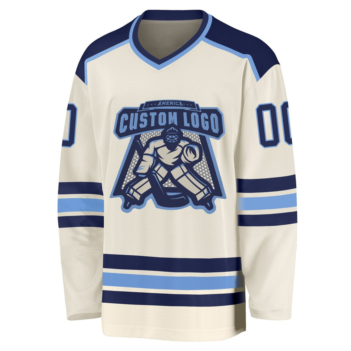 Custom Cream Navy-Light Blue Hockey Jersey photo 2