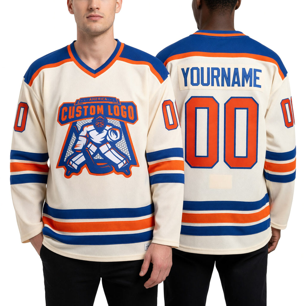 Custom Cream Orange-Royal Hockey Jersey worn front and back