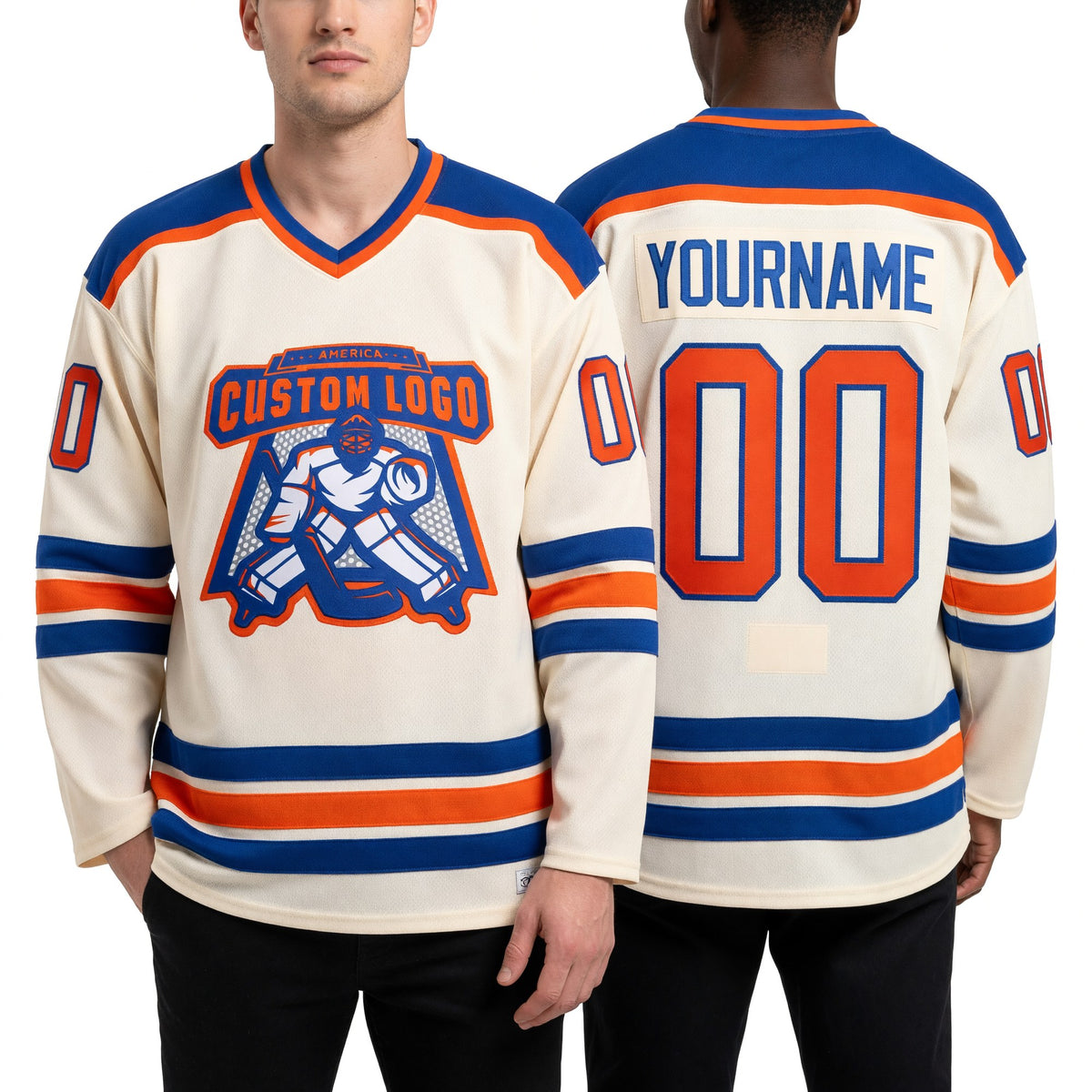 Custom Cream Orange-Royal Hockey Jersey worn front and back