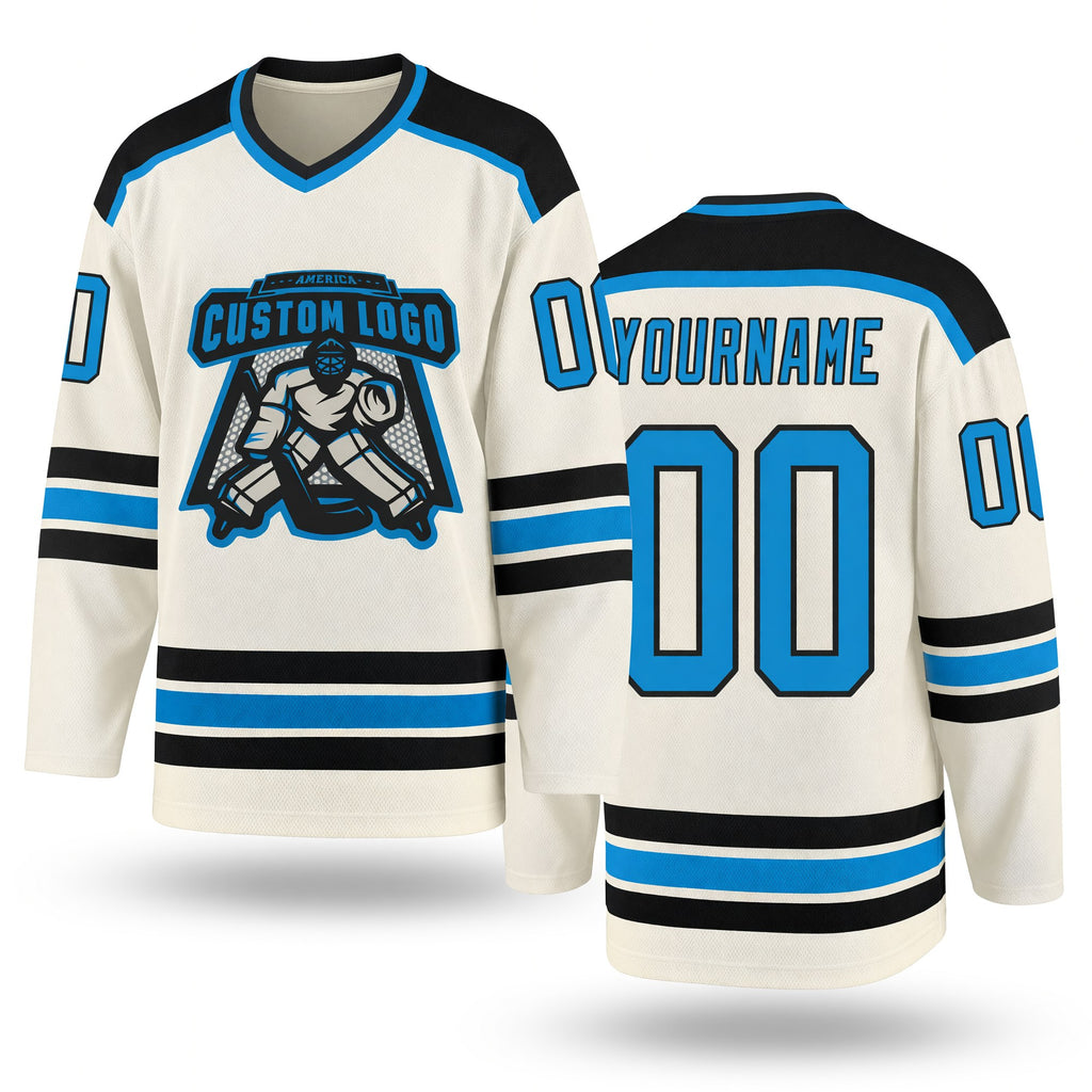 Custom Cream Blue-Black Hockey Jersey
