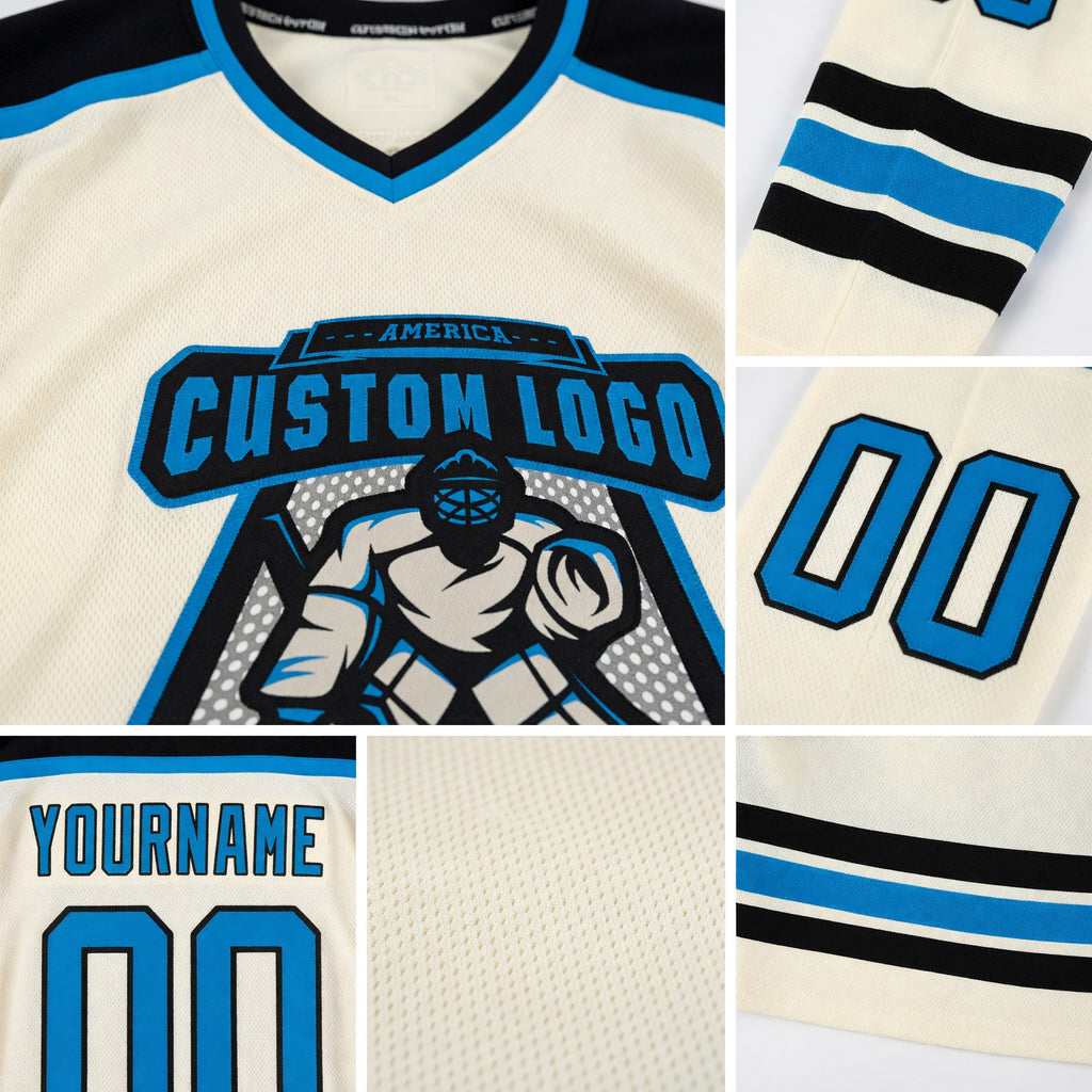 Custom Cream Blue-Black Hockey Jersey detail