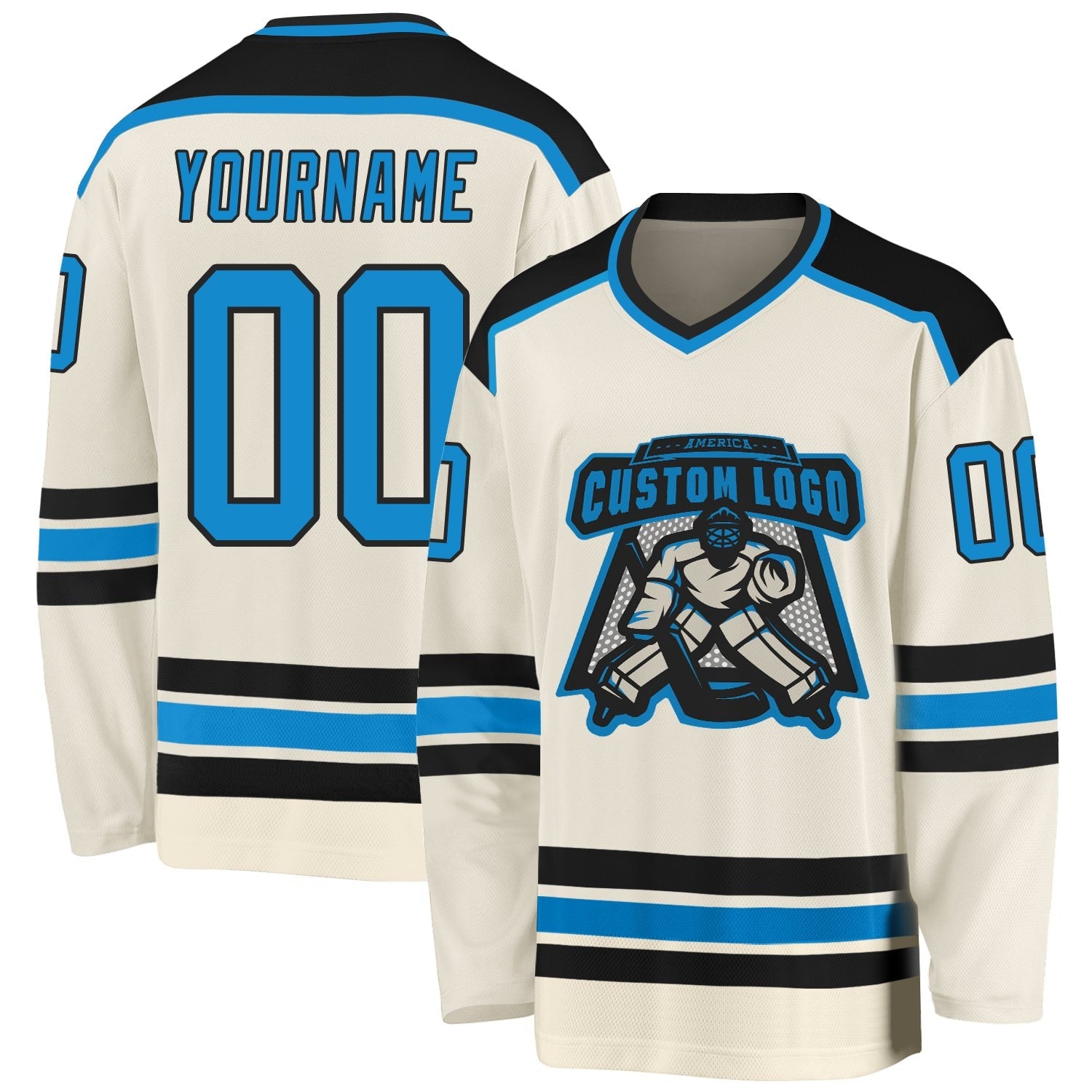 Custom Cream Blue-Black Hockey Jersey photo 1