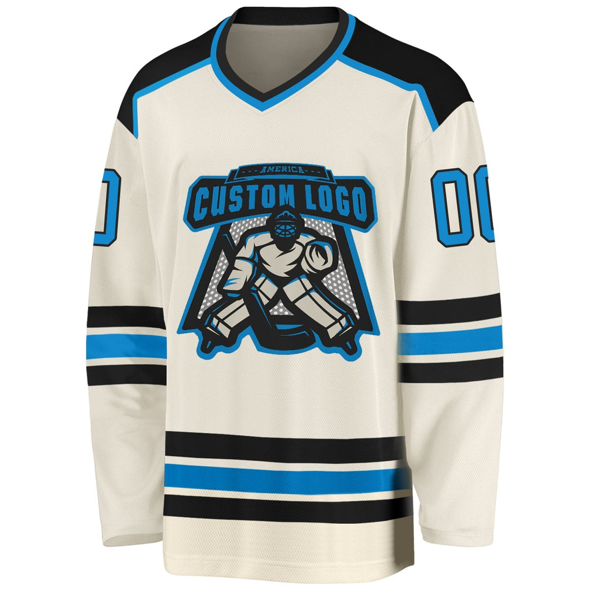Custom Cream Blue-Black Hockey Jersey photo 2