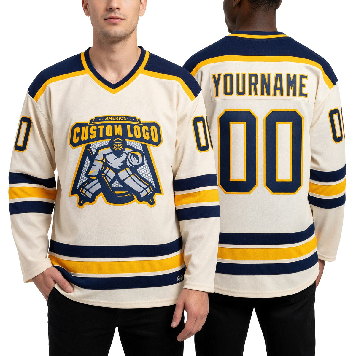 Custom Cream Navy-Gold Hockey Jersey worn front and back