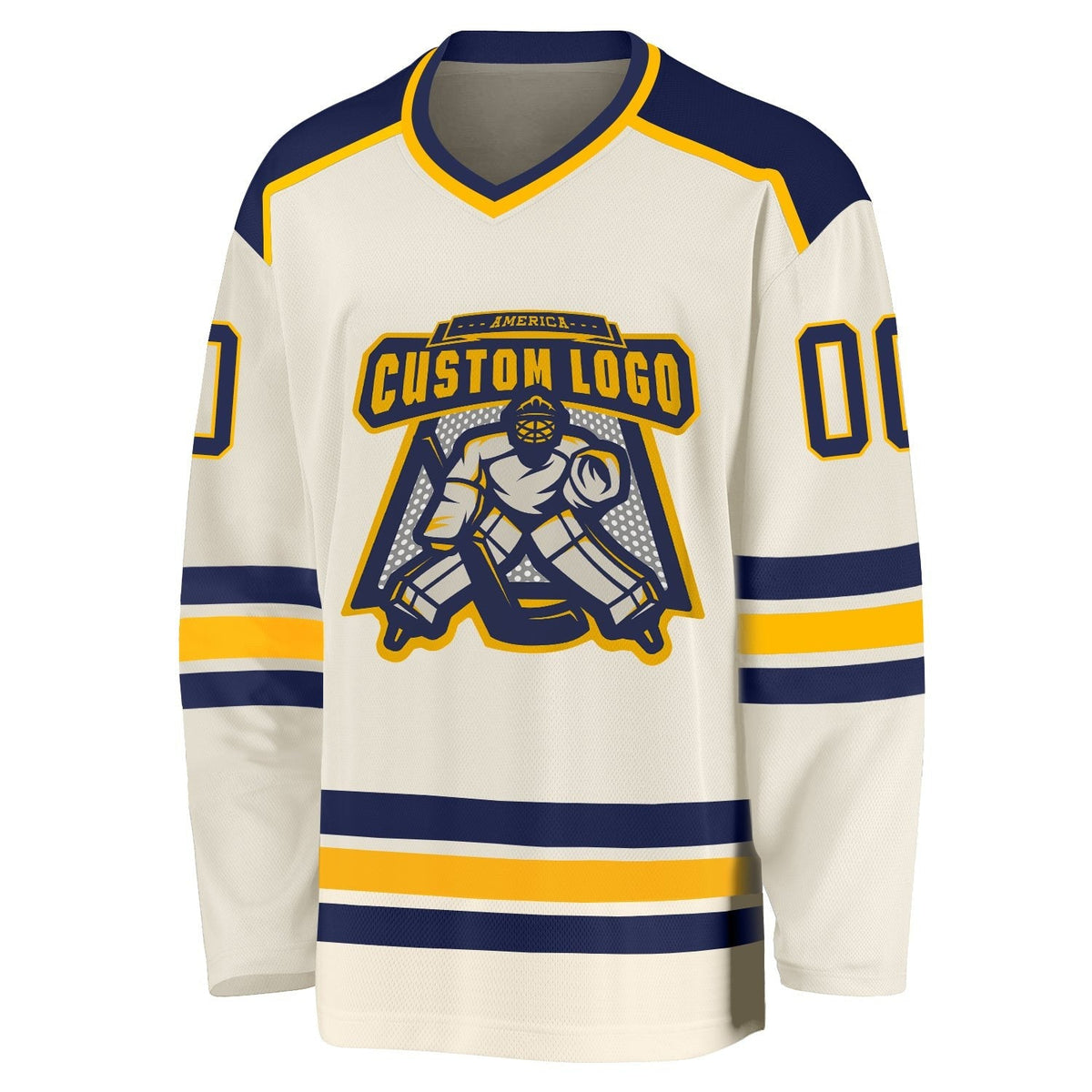 Custom Cream Navy-Gold Hockey Jersey photo 2