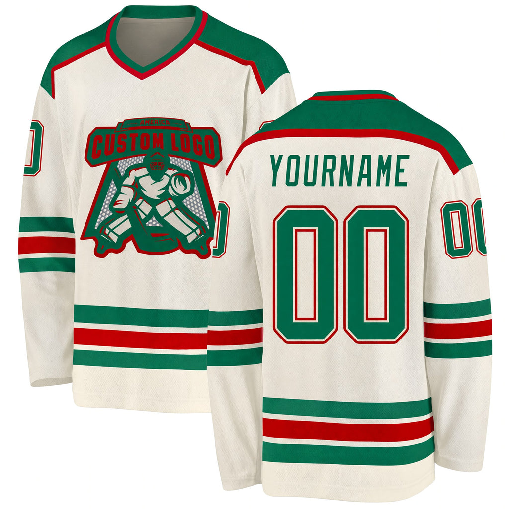 Custom Cream Kelly Green-Red Hockey Jersey