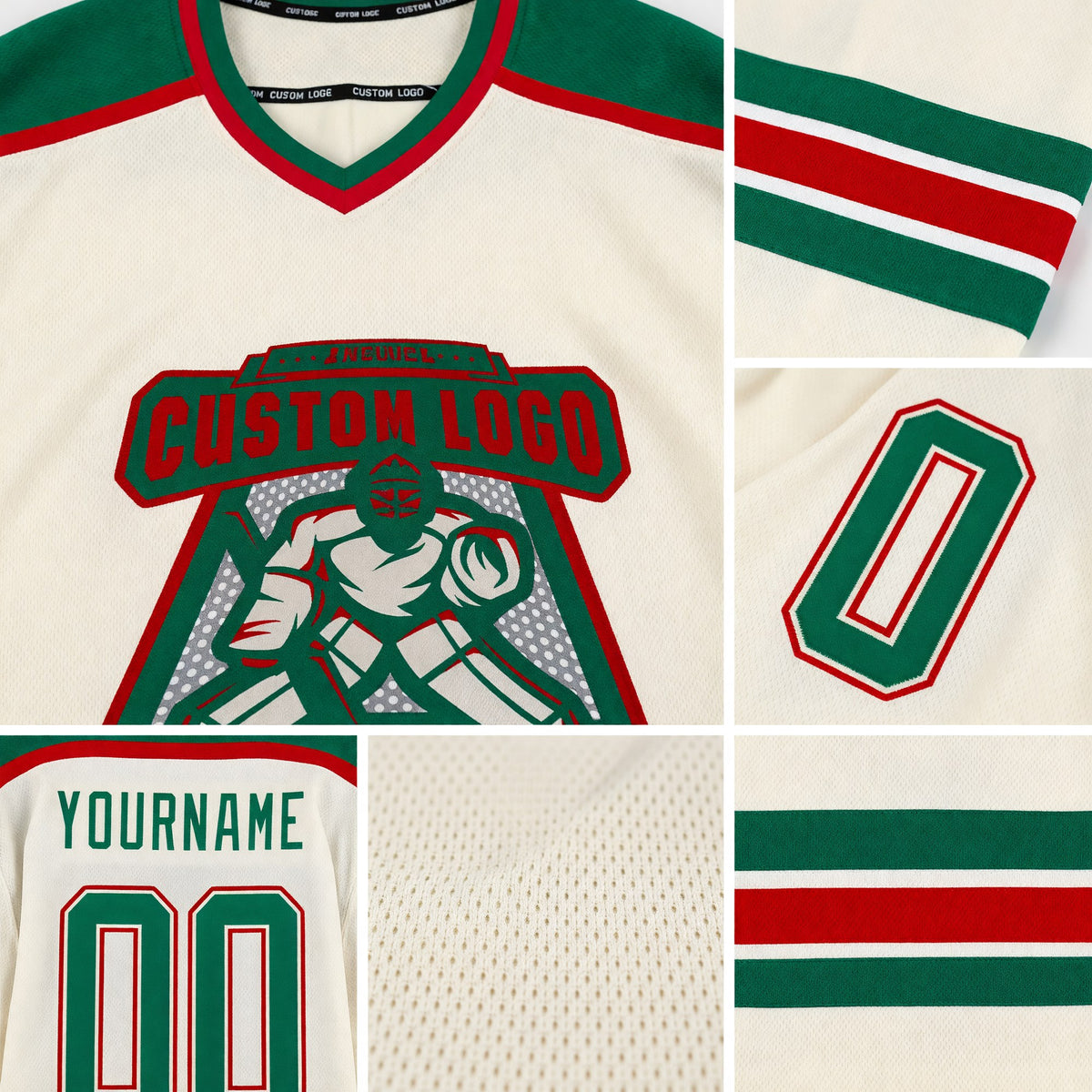 Custom Cream Kelly Green-Red Hockey Jersey detail