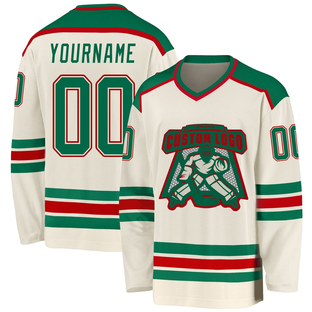Custom Cream Kelly Green-Red Hockey Jersey photo 1