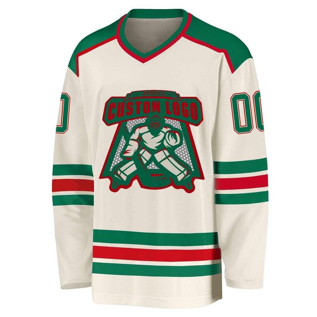 Custom Cream Kelly Green-Red Hockey Jersey photo 2